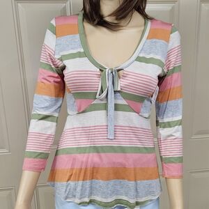 PEACH LOVE Striped Tie-Front 3/4 Sleeve Top Multi-Color